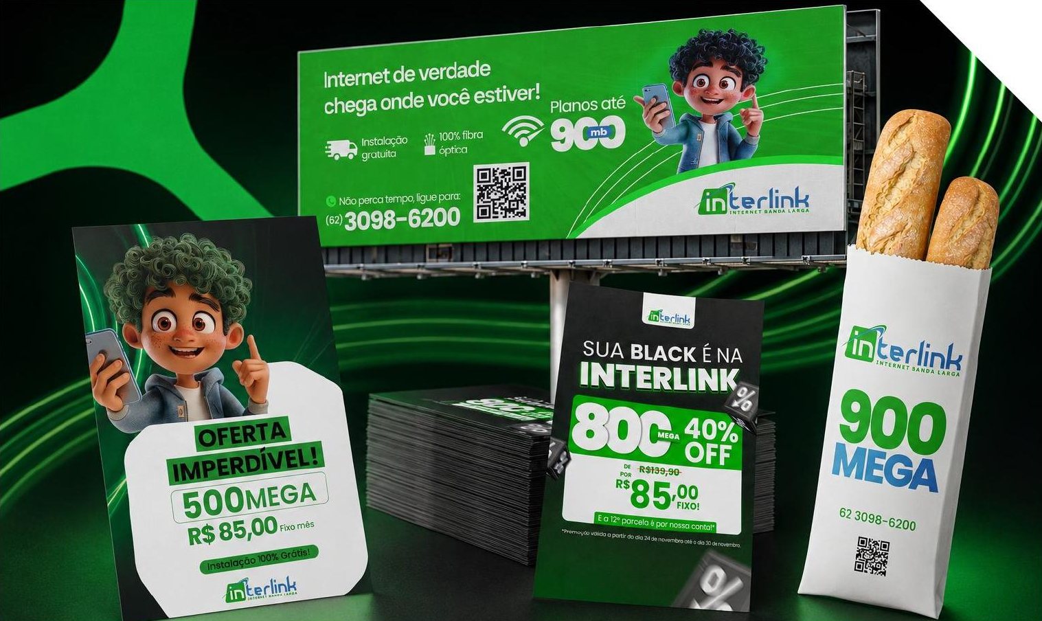 Outdoor, panfletos e embalagem com a marca Interlink